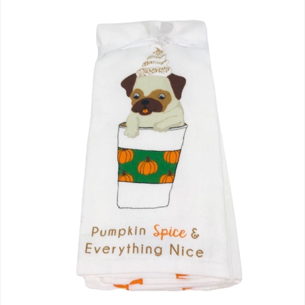 La Cuisine Pumpkin Spice & Everything Nice Pug Dish Towel, Set of 3, White
